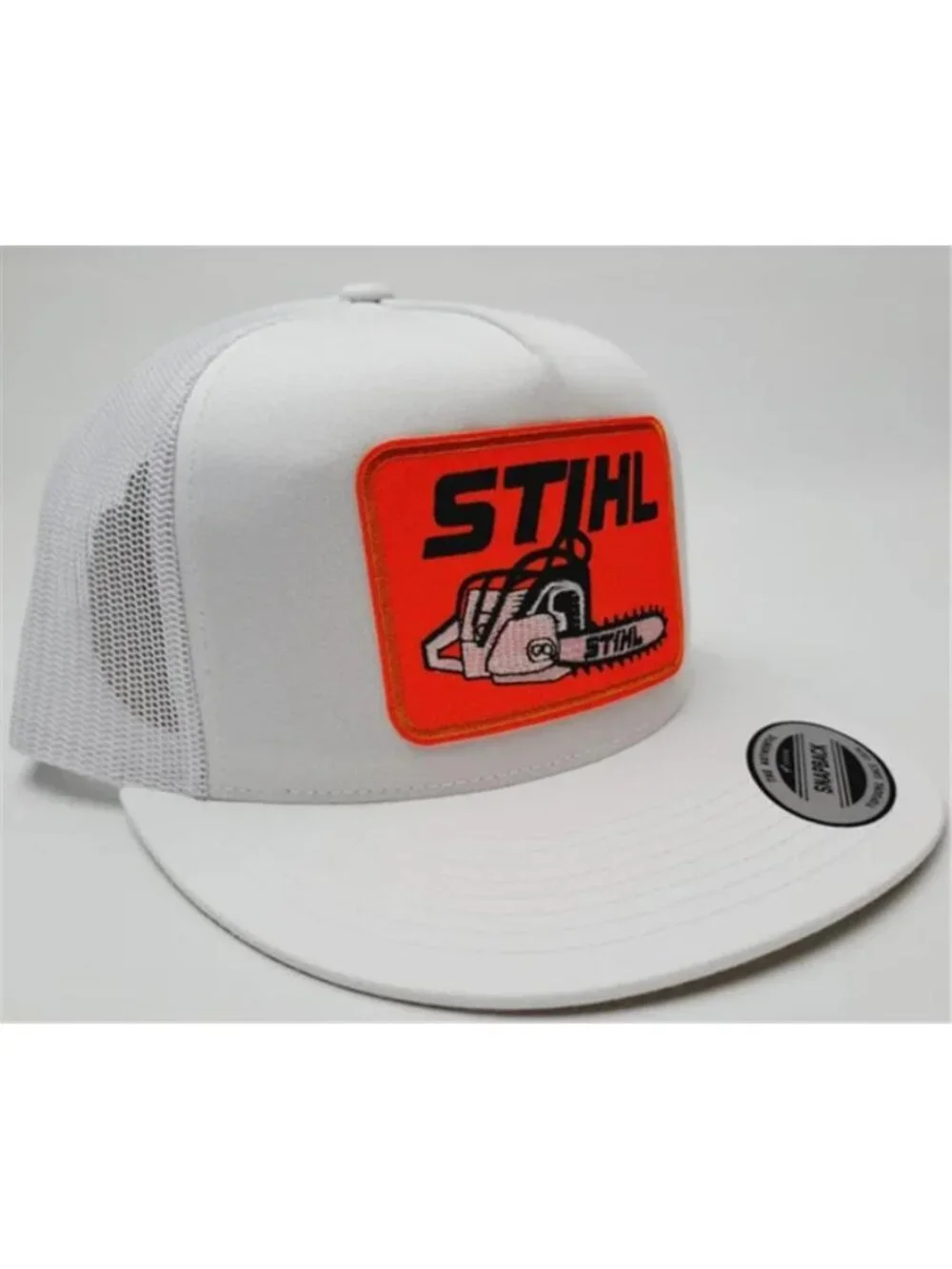 Retro Chainsaw Forestry Patch White Yupoong Flat Bill Snapback Trucker Hat HiVis